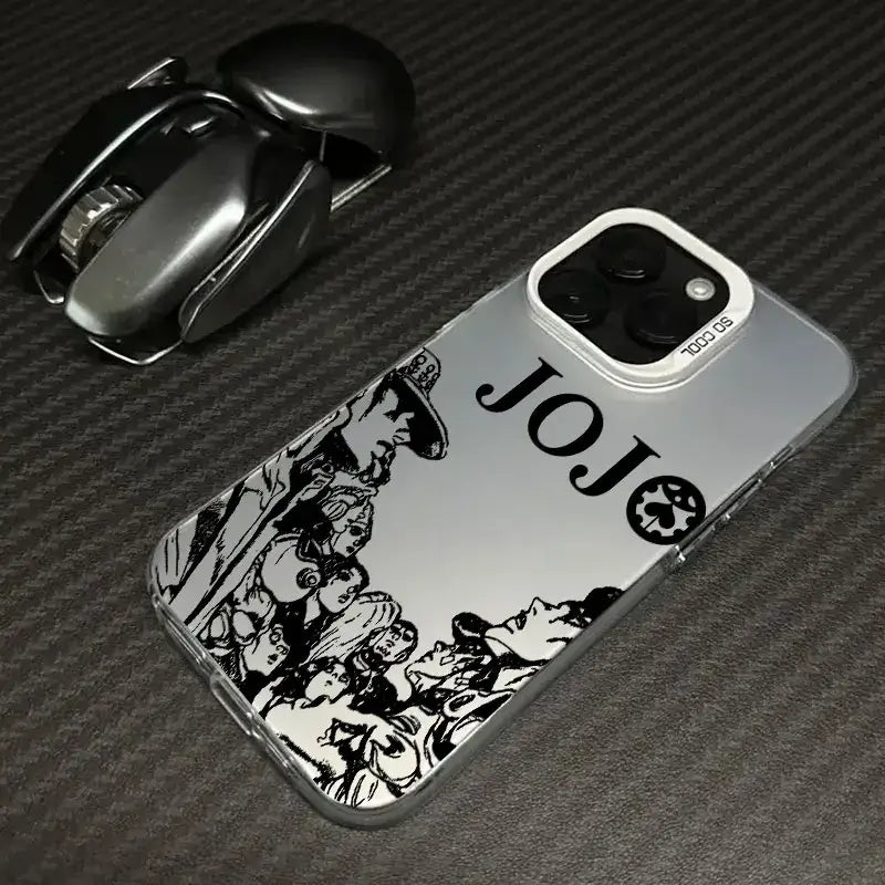 A shockproof JoJo's Bizarre Adventure Phone Case featuring colorful anime art of Jotaro and Dio, compatible with Apple iPhone 16e, 16, 15, and 14 Pro Max.