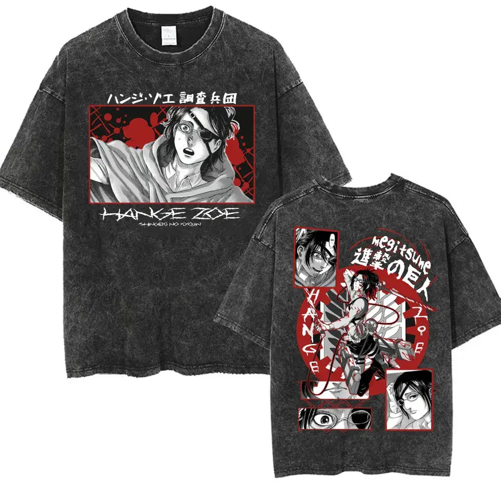 An oversized Attack on Titan Washed T-shirt featuring a vintage Levi Ackerman graphic, a stylish streetwear item for men and women.