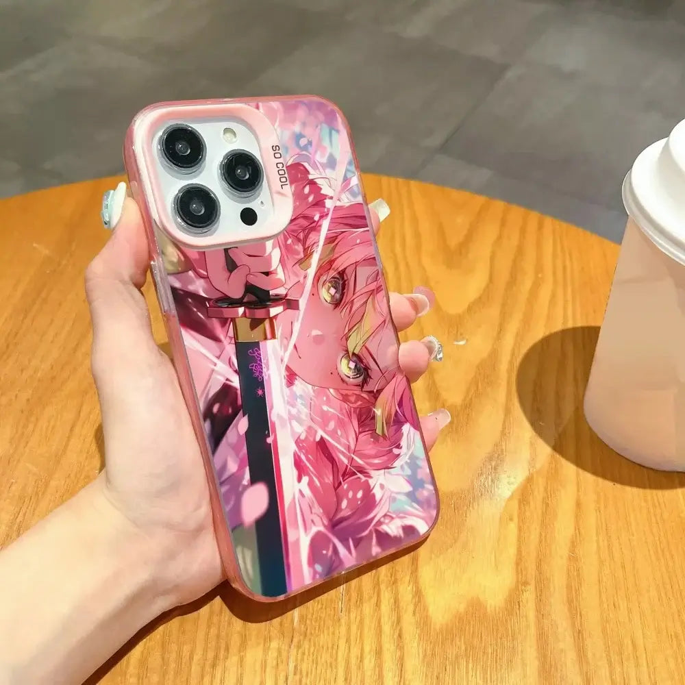 A matte black Demon Slayer Phone Case featuring cool anime character art and shockproof silicone protection for Apple iPhone 16, 15, and 14 Pro Max.