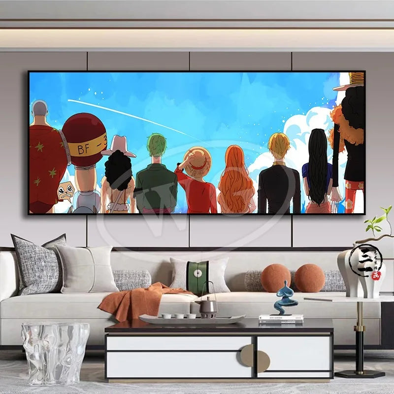 A high-quality One Piece decorative painting featuring Monkey D. Luffy, Roronoa Zoro, and Portgas D. Ace as a sofa background wall hanging.
