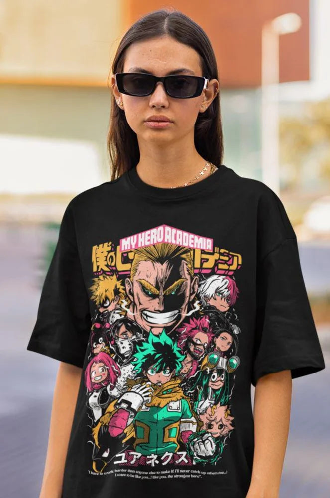 A high-quality All Might T-shirt made of soft cotton, featuring a dynamic graphic of the Symbol of Peace for My Hero Academia fans.