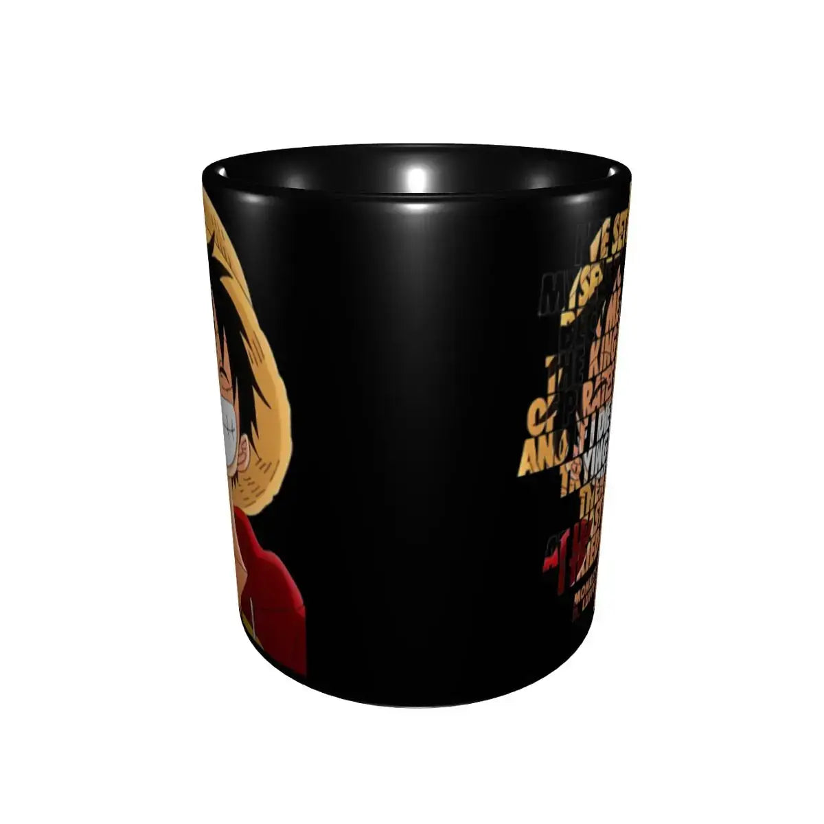 A ceramic Monkey D Luffy Quotes One Piece Mug featuring funny anime text and pirate character art, designed as a durable present for kids.