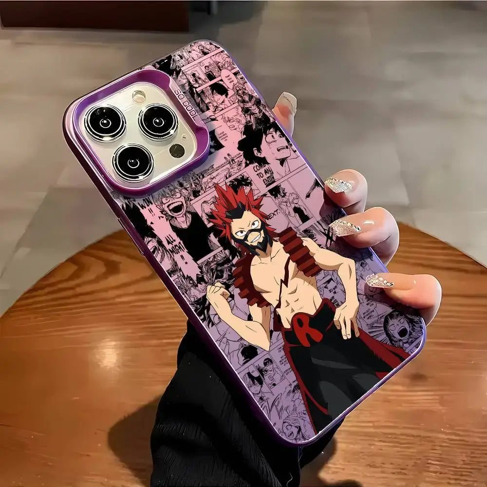 A shockproof Eijiro Kirishima Phone Case featuring a multicolor aurora laser finish and Red Riot anime art, compatible with Apple iPhone 16, 15, and 14 Pro Max.