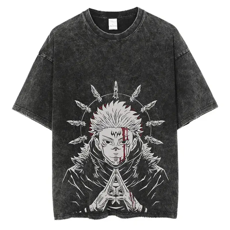 A vintage-style Anime Washed T-shirt made of 100% cotton, featuring an oversized Harajuku streetwear fit for men and women.