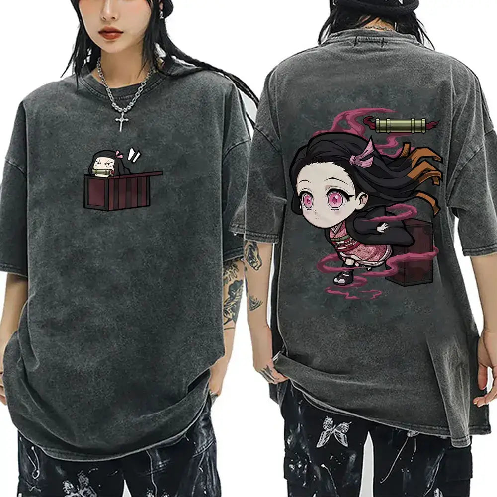 A vintage washed Demon Slayer Serpent Hashira Iguro Obanai T Shirt in a casual, oversized style for men and women.