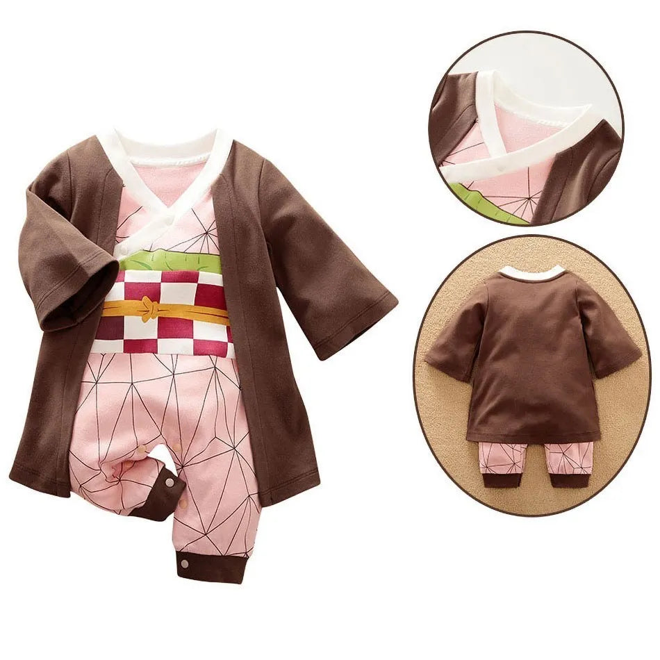 A newborn infant wearing one of the Anime Baby Rompers, a cosplay costume available in Akatsuki, Nezuko, and Tanjirou styles.