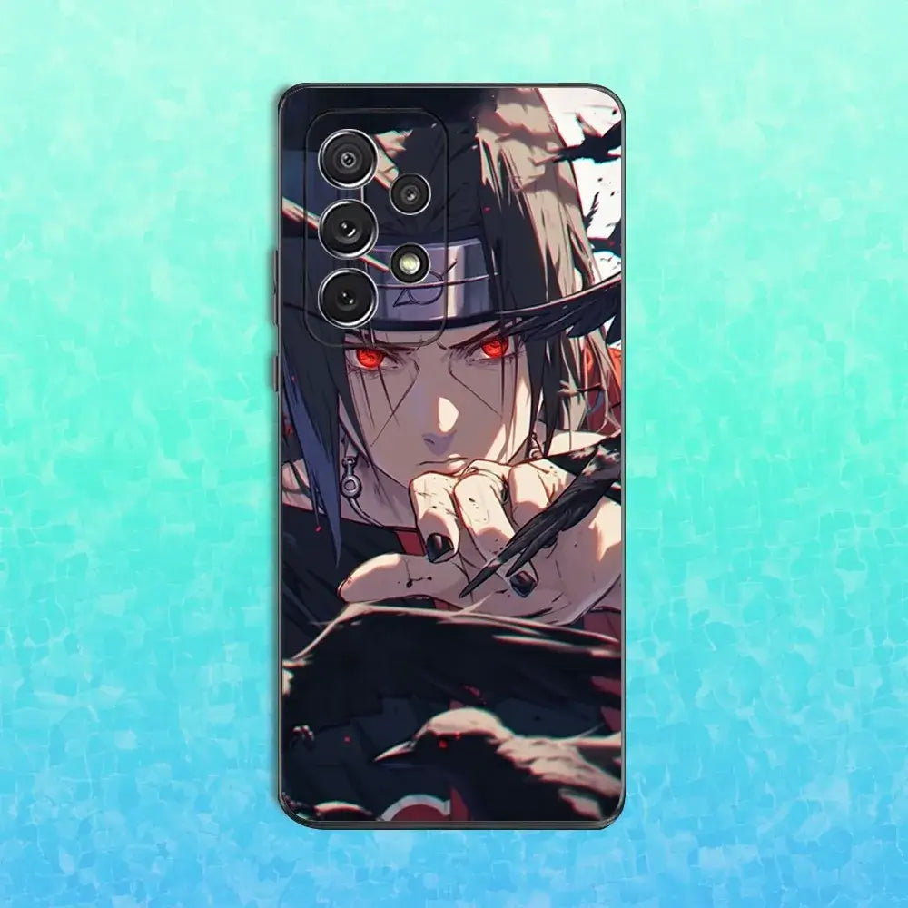 A black soft silicone Itachi Phone Case featuring Uchiha anime art, compatible with Samsung Galaxy S25, S24, S23, S22 Ultra and Plus models.