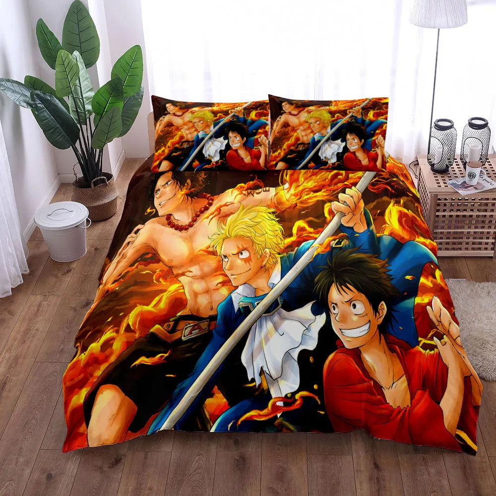 A vibrant One Piece Bedding Set featuring Monkey D. Luffy anime art on a duvet cover and pillowcase, designed for children's bedroom decor.