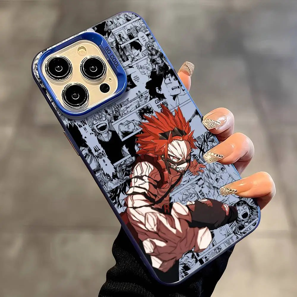 A shockproof Eijiro Kirishima Phone Case featuring a multicolor aurora laser finish and Red Riot anime art, compatible with Apple iPhone 16, 15, and 14 Pro Max.