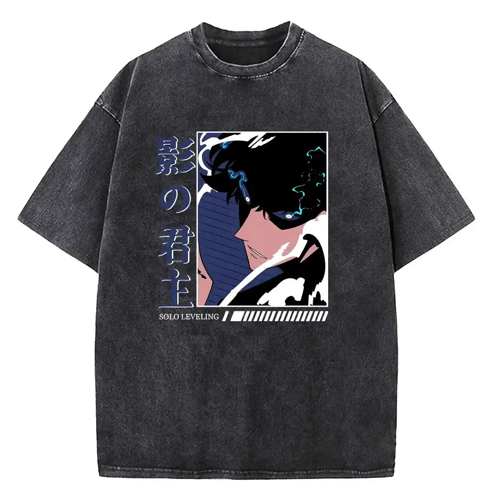 A vintage-style Solo Leveling Vintage T-shirt made of washed black cotton featuring a Sung Jinwoo graphic print, designed as Harajuku streetwear.