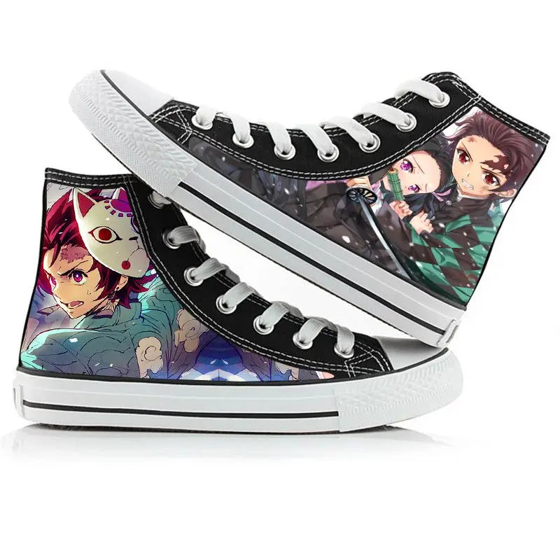 A pair of kawaii Anime Demon Slayer Canvas Shoes in a hand-painted high-top sneaker style for boys and girls.