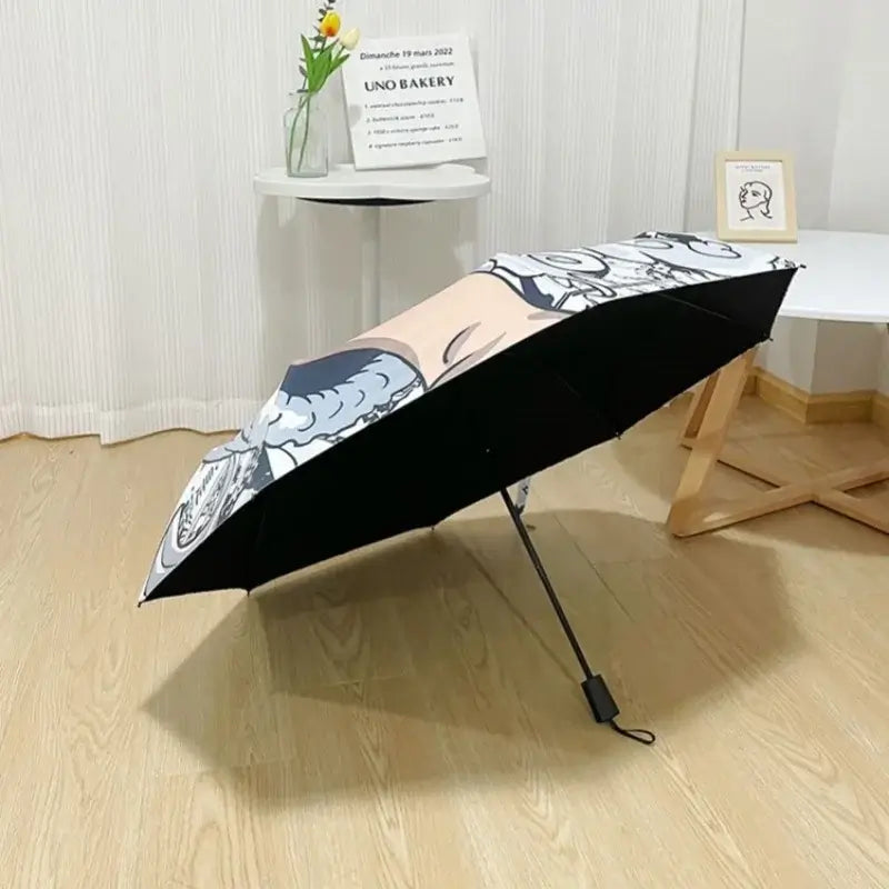 An automatic One Piece Nika Luffy Fold Umbrella with a three-fold design, featuring Gear 5 anime art and black glue sunscreen.