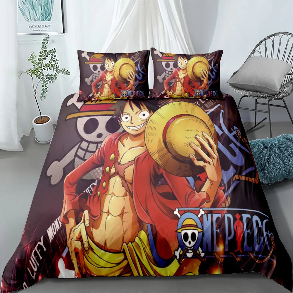 A vibrant One Piece Bedding Set featuring Monkey D. Luffy anime art on a duvet cover and pillowcase, designed for children's bedroom decor.