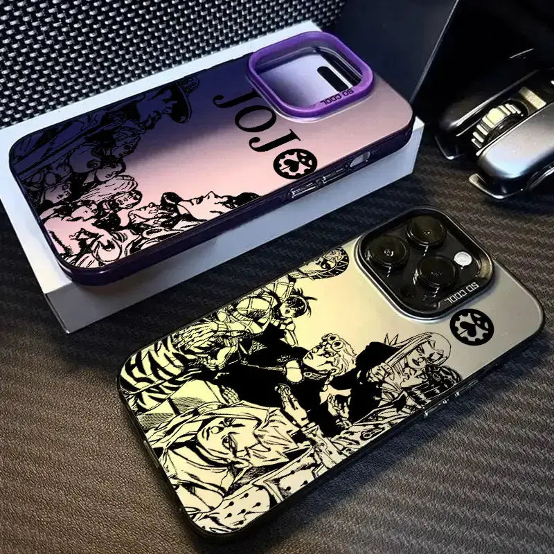A shockproof JoJo's Bizarre Adventure Phone Case featuring colorful anime art of Jotaro and Dio, compatible with Apple iPhone 16e, 16, 15, and 14 Pro Max.