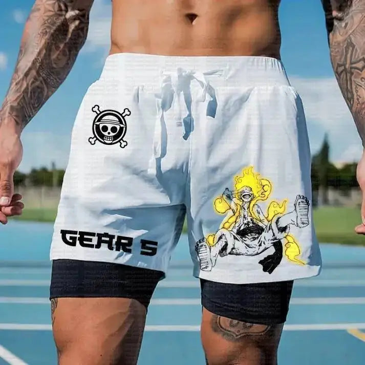 A man wearing the white One Piece Running Shorts for the gym, with a double layer and Straw Hat Crew design.