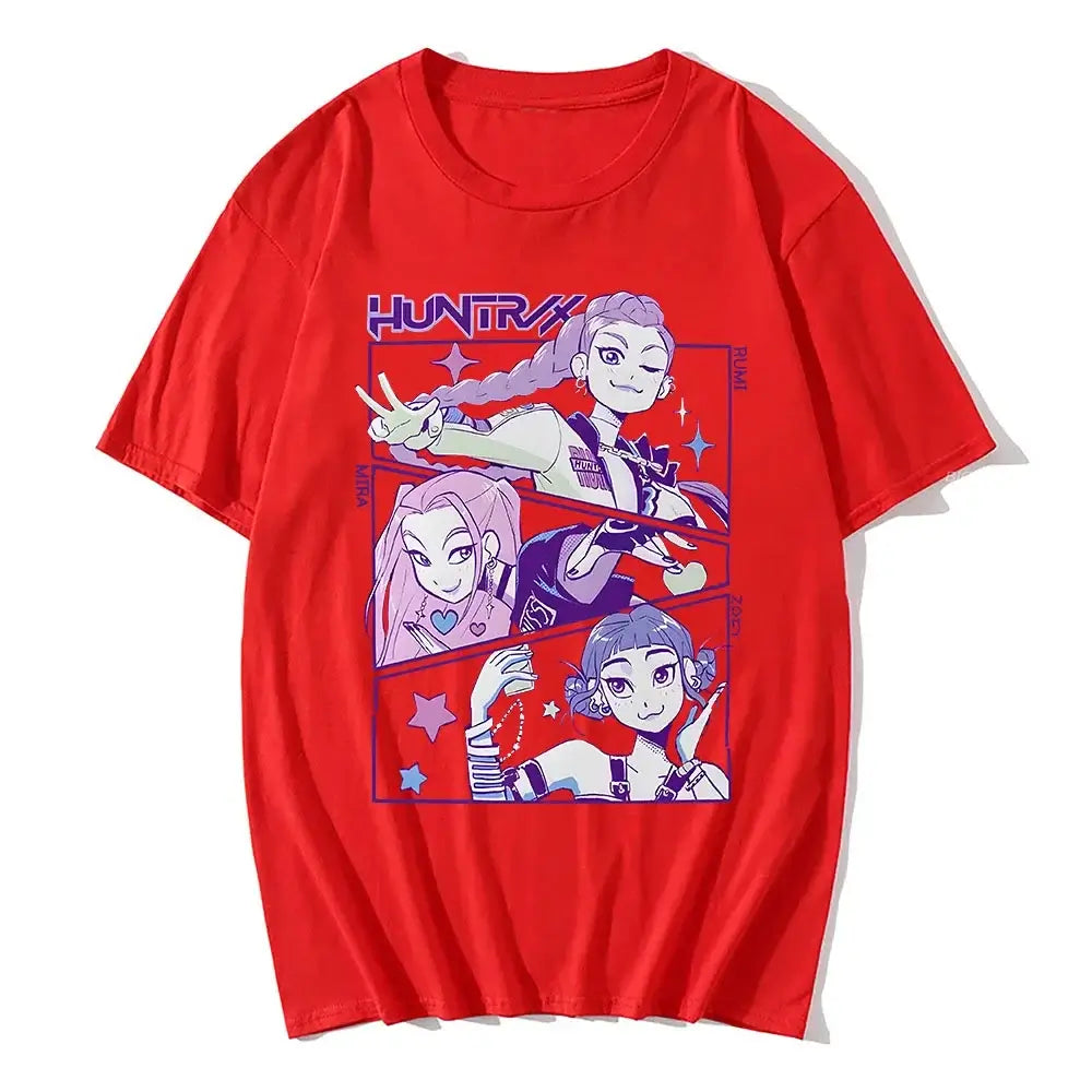 KPop Devil Hunter T-shirt in 100% pure cotton, featuring a fashionable graphic for a unisex casual summer look for men and women.