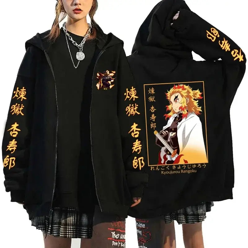 A stylish Rengoku Zipper Hoodie featuring Kyoujurou anime graphics, designed as a casual autumn jacket for men and women.