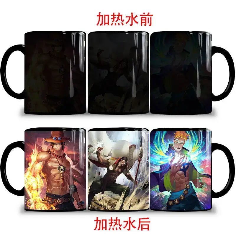 A ceramic One Piece Color Changing Mug revealing Gear 5 Nika Luffy and Fire Fist Ace artwork when filled with hot liquid.