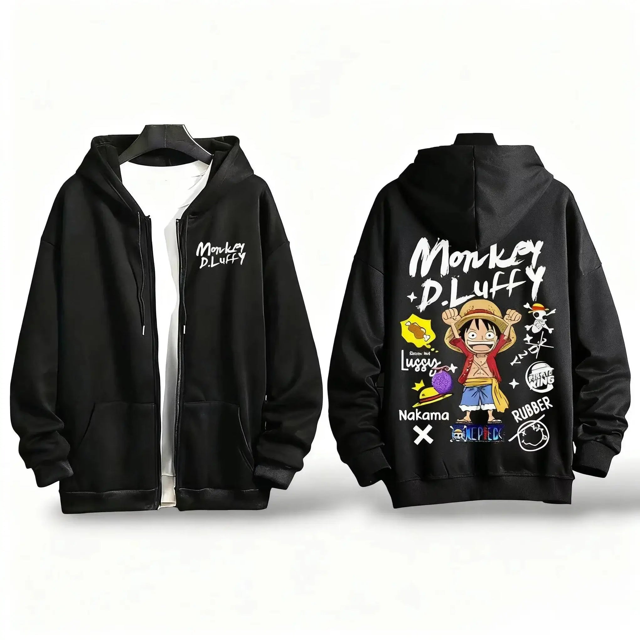 A warm, oversized One Piece Anime Zipper Hoodie in a Y2K style, suitable for men and women.