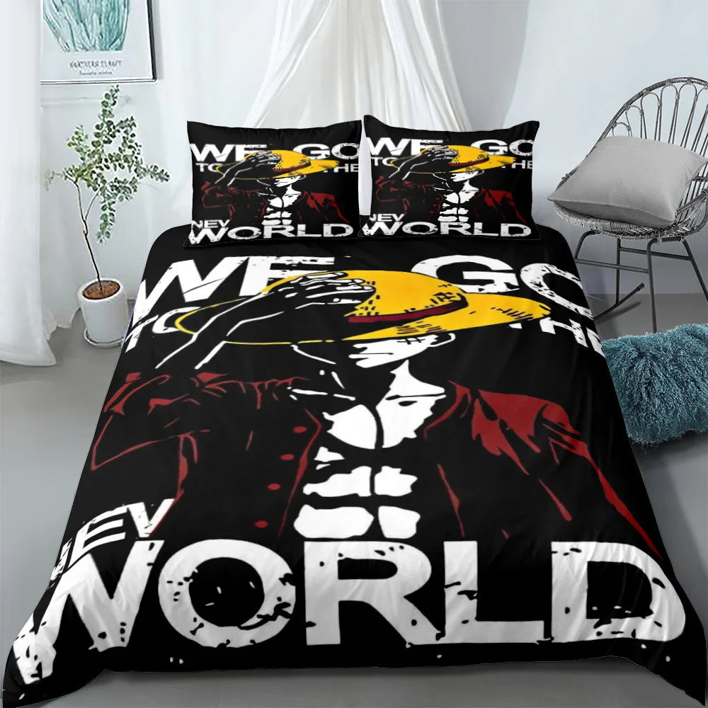 A vibrant One Piece Bedding Set featuring Monkey D. Luffy anime art on a duvet cover and pillowcase, designed for children's bedroom decor.