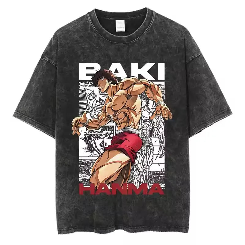 A high-quality pure cotton Baki Anime T-shirt featuring a graphic print of Baki Hanma, designed as a casual loose fit top for men and women.