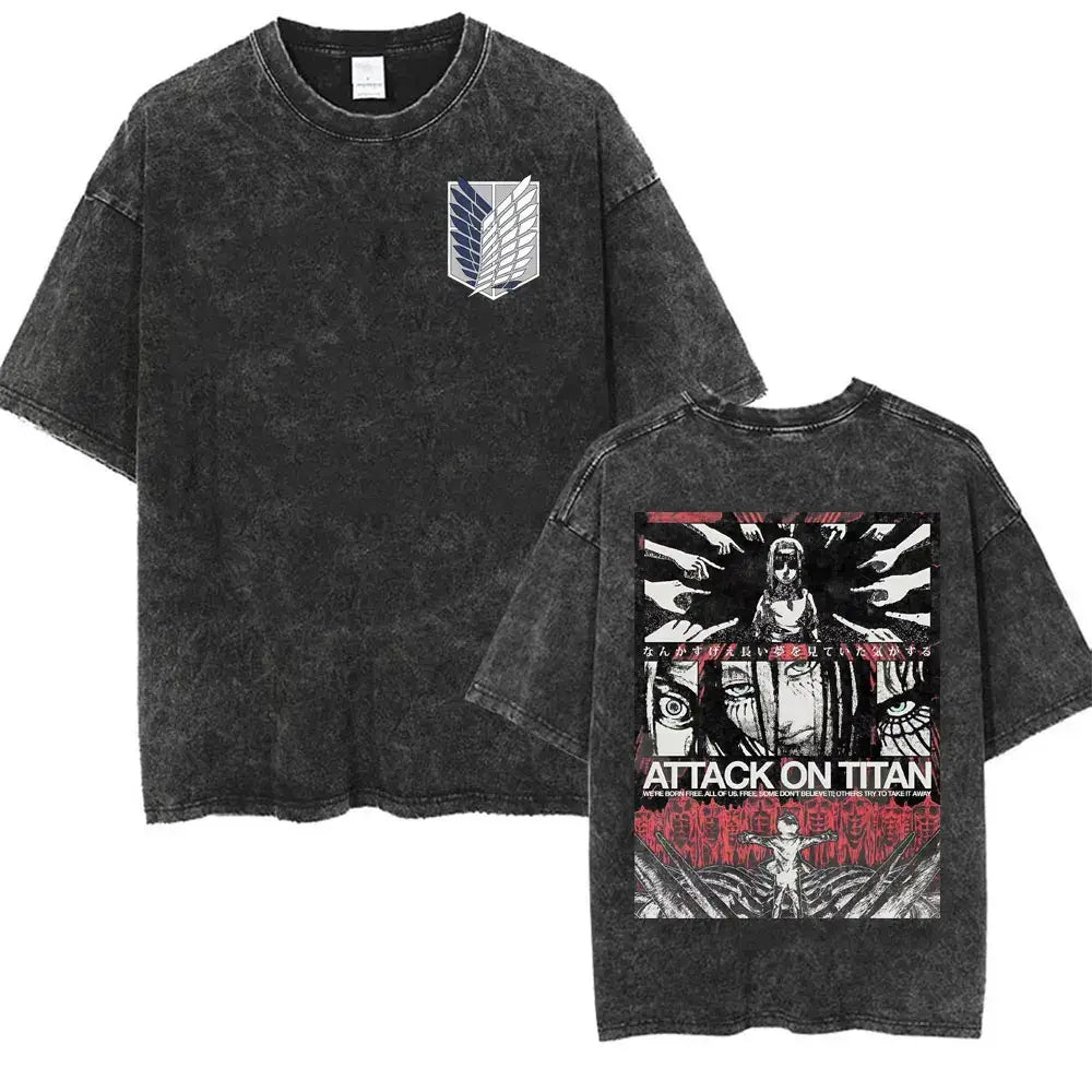 An oversized Attack on Titan Washed T-shirt featuring a vintage Levi Ackerman graphic, a stylish streetwear item for men and women.