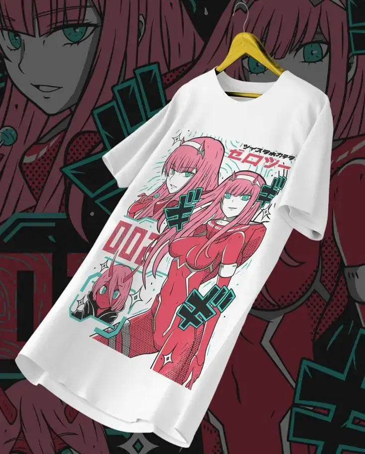 A pink aesthetic Zero Two Unisex T-Shirt featuring Darling in the Franxx anime art in a kawaii vaporwave style.