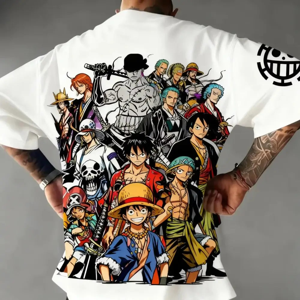 A trendy 2026 MINISO One Piece TShirt made of soft cotton, featuring a graphic print of Luffy, Zoro, and Sanji for men and women.