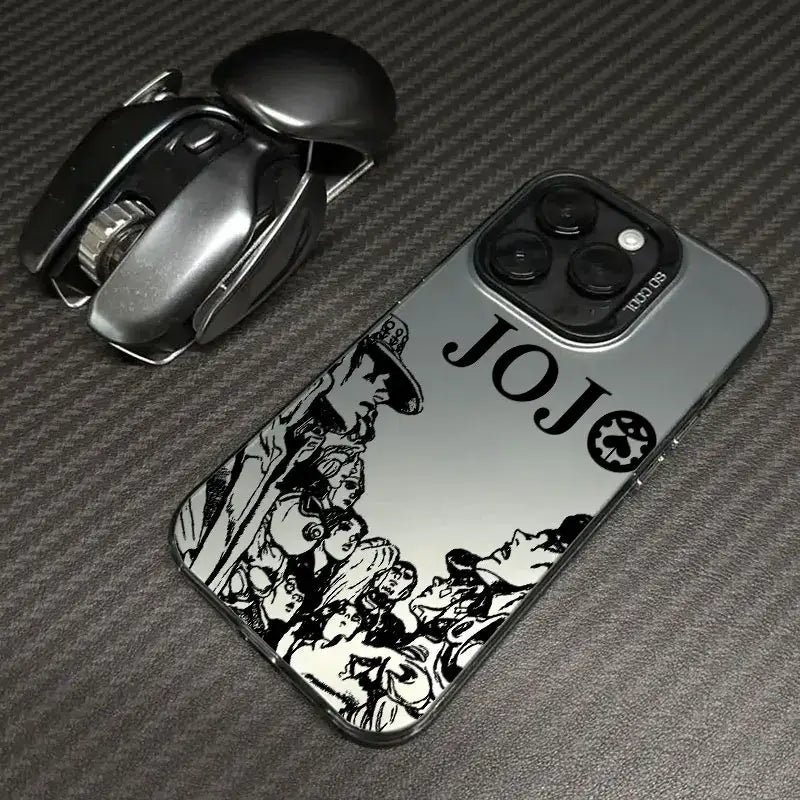 A shockproof JoJo's Bizarre Adventure Phone Case featuring colorful anime art of Jotaro and Dio, compatible with Apple iPhone 16e, 16, 15, and 14 Pro Max.