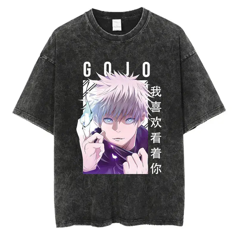 A vintage-style Anime Washed T-shirt made of 100% cotton, featuring an oversized Harajuku streetwear fit for men and women.