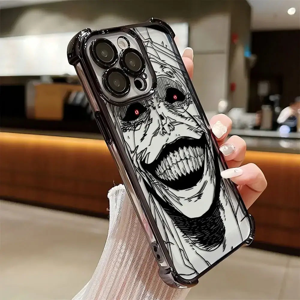 A luxury Solo Leveling Plating Case featuring Sung Jinwoo art with electroplated edges and anti-fall airbag corners for Apple iPhone 16 and 15.