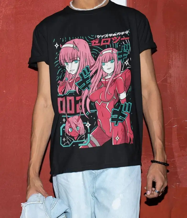 A pink aesthetic Zero Two Unisex T-Shirt featuring Darling in the Franxx anime art in a kawaii vaporwave style.