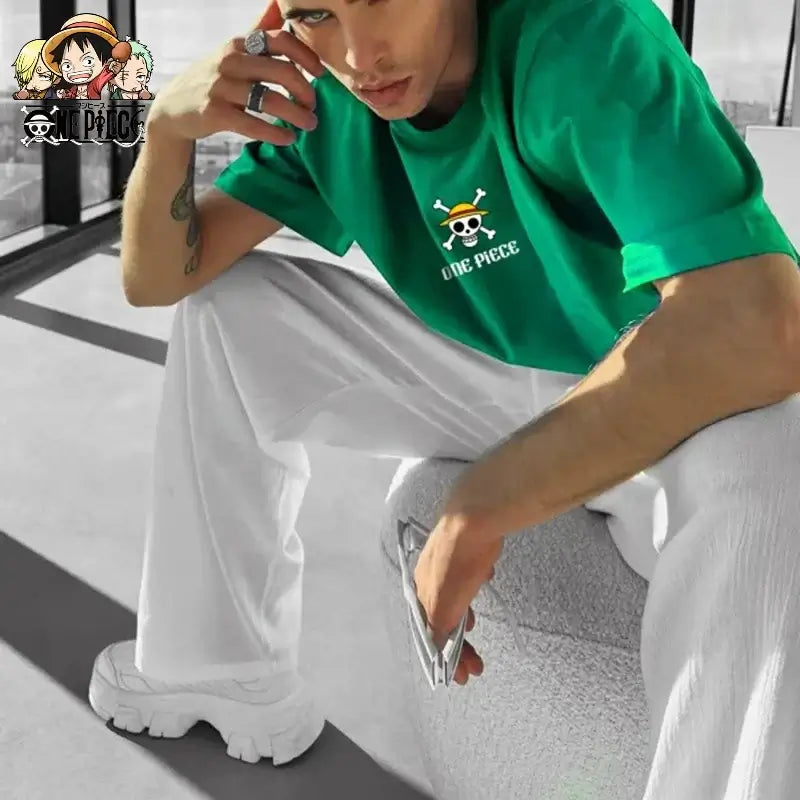 A fashionable One Piece Graphic T-Shirt in an oversized streetwear fit, featuring a high-quality anime print of Monkey D. Luffy and Roronoa Zoro.