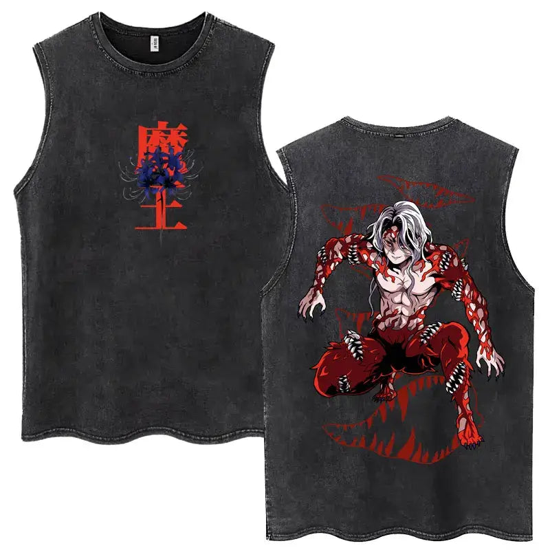 A washed retro Zenitsu Demon Slayer Tank Top featuring Agatsuma Zenitsu manga art, sleeveless cotton summer streetwear for men and women.