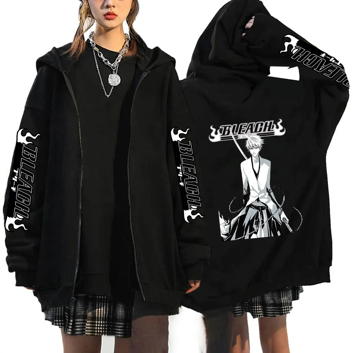 A casual loose Bleach Ichigo Zip Up Hoodie featuring a Kurosaki Ichigo anime print, designed as a unisex Harajuku zipper jacket for men and women.