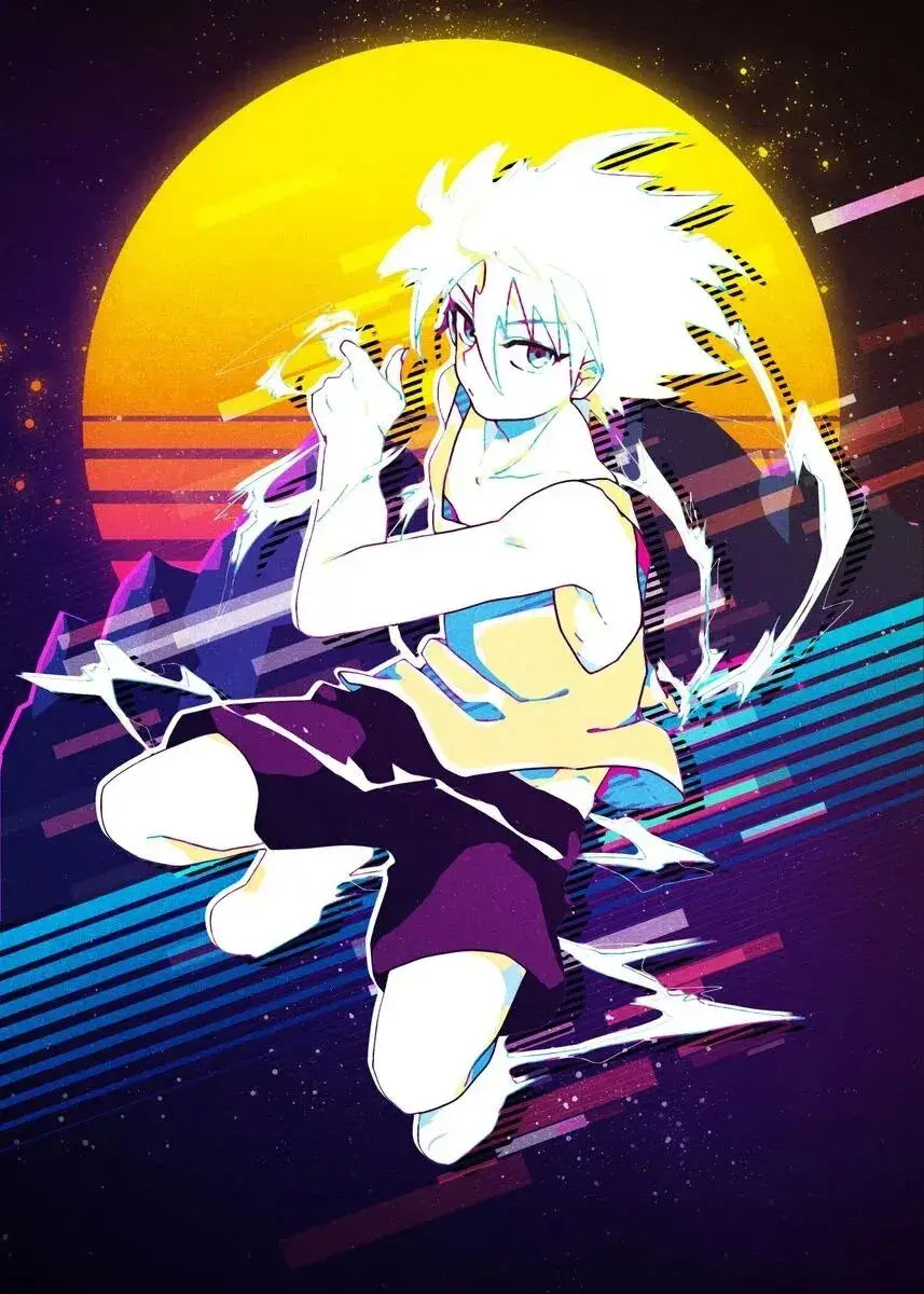 A retro style Hunter x Hunter Anime Poster printed on high-quality canvas featuring Gon and Killua, ideal for home decor and kids' bedrooms.