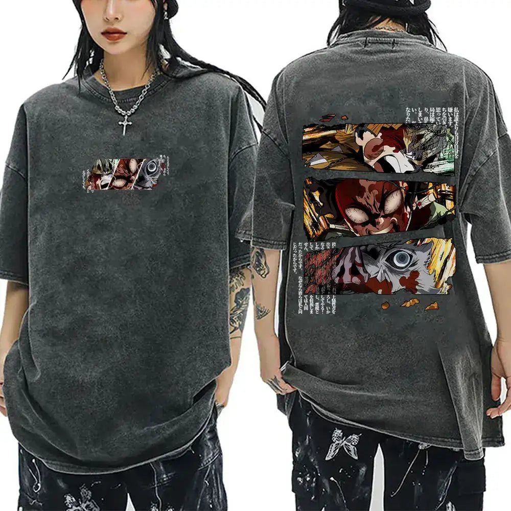 A vintage washed Demon Slayer Serpent Hashira Iguro Obanai T Shirt in a casual, oversized style for men and women.
