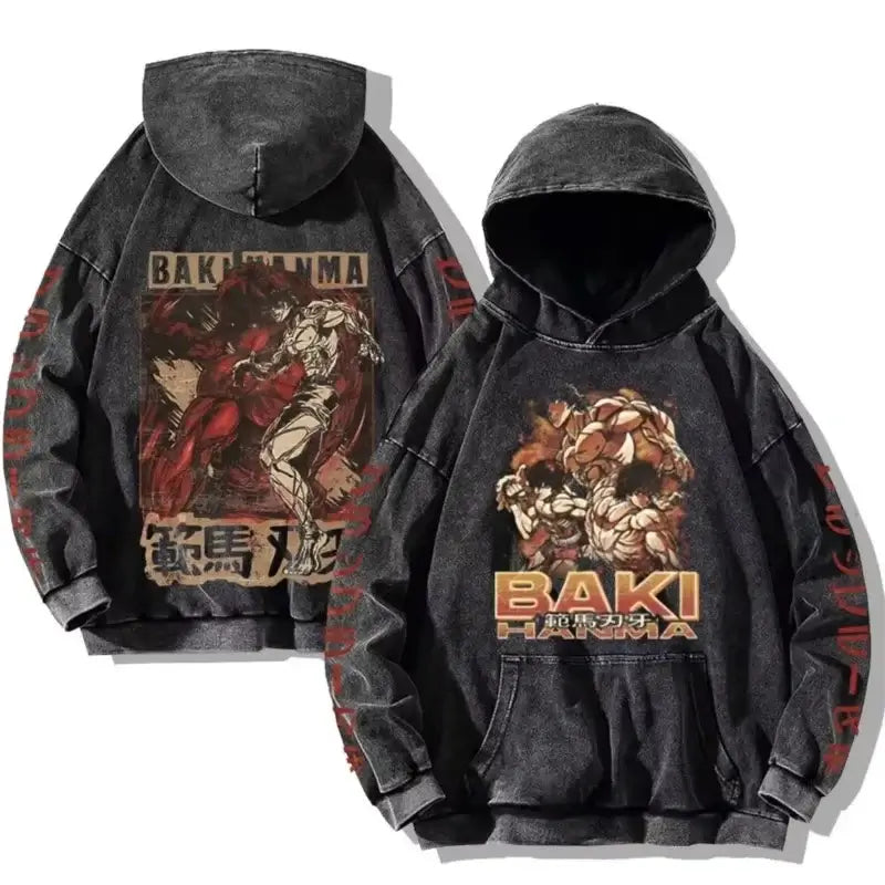 A plus-size Baki Hanma Anime Print Hoodie in a vintage washed cotton Harajuku streetwear style for men and women.