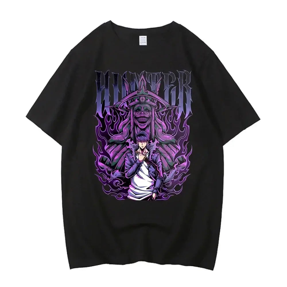 A high-quality Japanese Anime Solo Leveling T Shirt with a Sung Jinwoo cartoon graphic in a Harajuku short sleeve style.