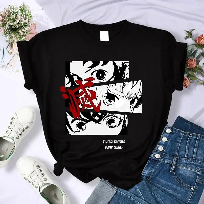 A Demon Slayer T Shirt for Women, a female Kimetsu No Yaiba graphic tee with a Nezuko and Tanjirou Kamado print.