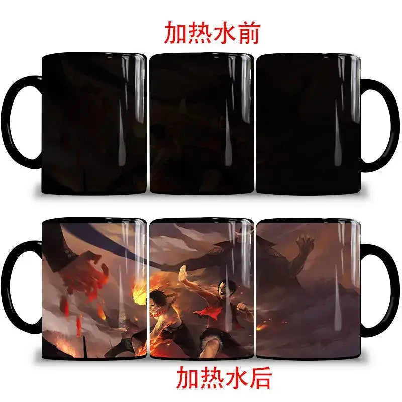 A ceramic One Piece Color Changing Mug revealing Gear 5 Nika Luffy and Fire Fist Ace artwork when filled with hot liquid.