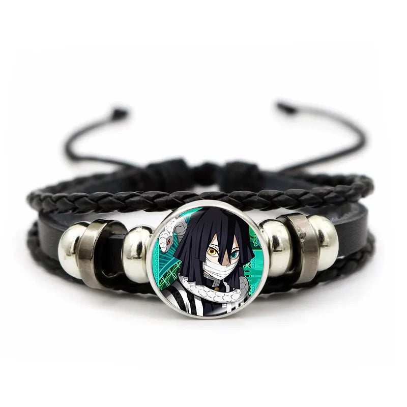 A woven leather Demon Slayer Bracelet featuring a glass art photo charm of Tanjiro Kamado and Nezuko, designed as an anime accessory for fans.