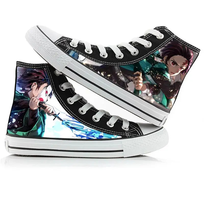 A pair of kawaii Anime Demon Slayer Canvas Shoes in a hand-painted high-top sneaker style for boys and girls.