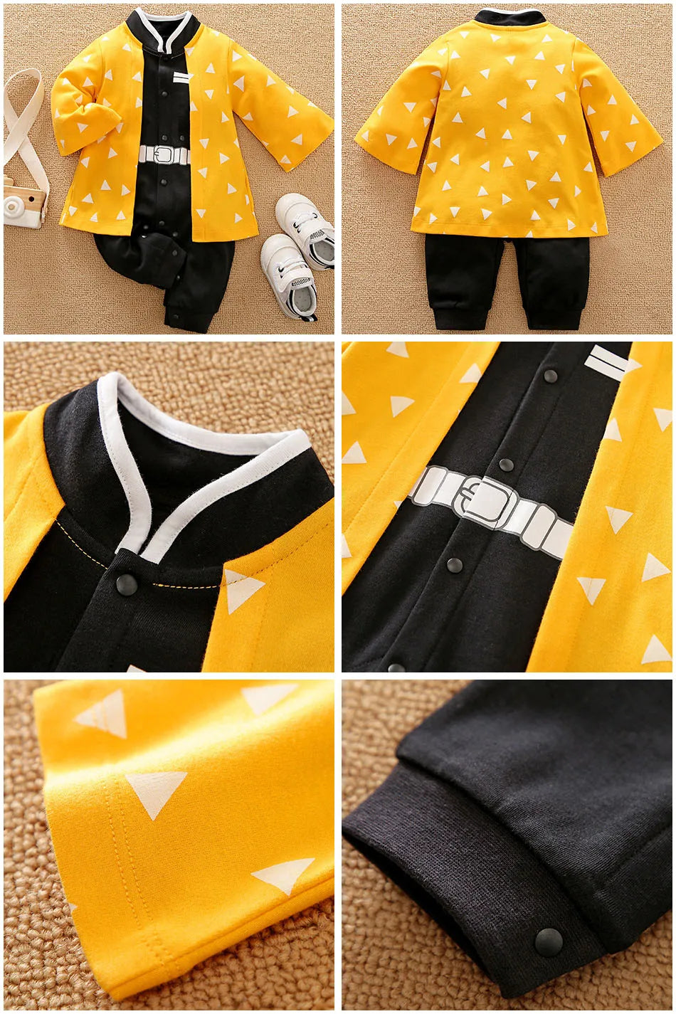 A newborn infant wearing the Baby Anime Costume, a cosplay jumpsuit available in Luffy, Akatsuki, and Vegeta styles.