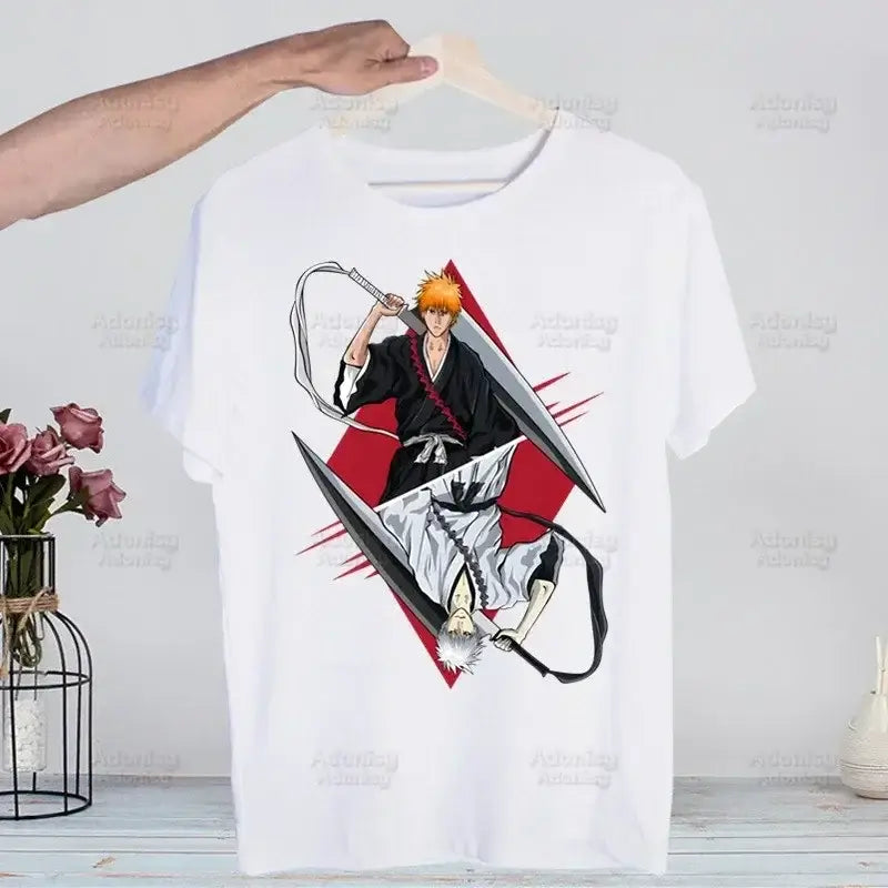 A men's Bleach Kurosaki Ichigo T-shirt in a funny Harajuku hip hop streetwear style for summer.