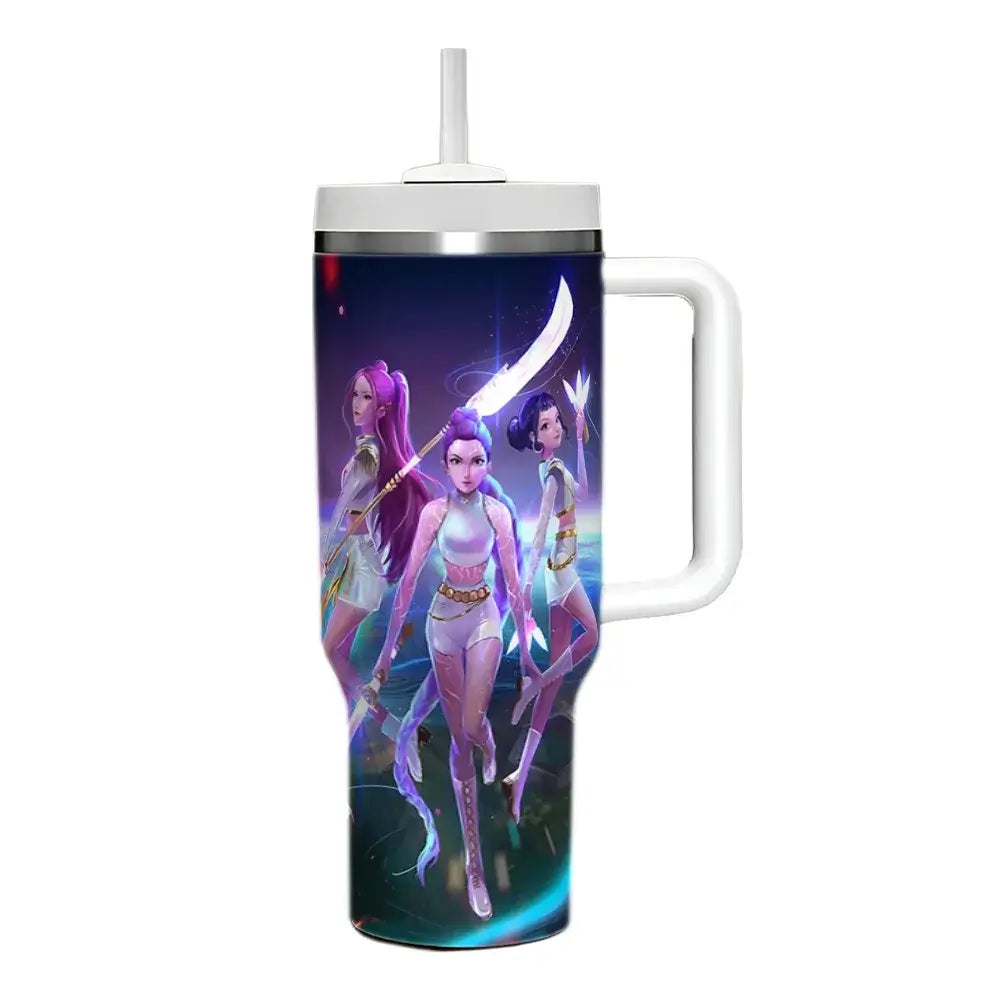 A 40oz stainless steel K-Pop Demon Hunters Cup featuring cartoon prints of anime girl group characters Rumi, Zoey, and Mira, designed for car travel.