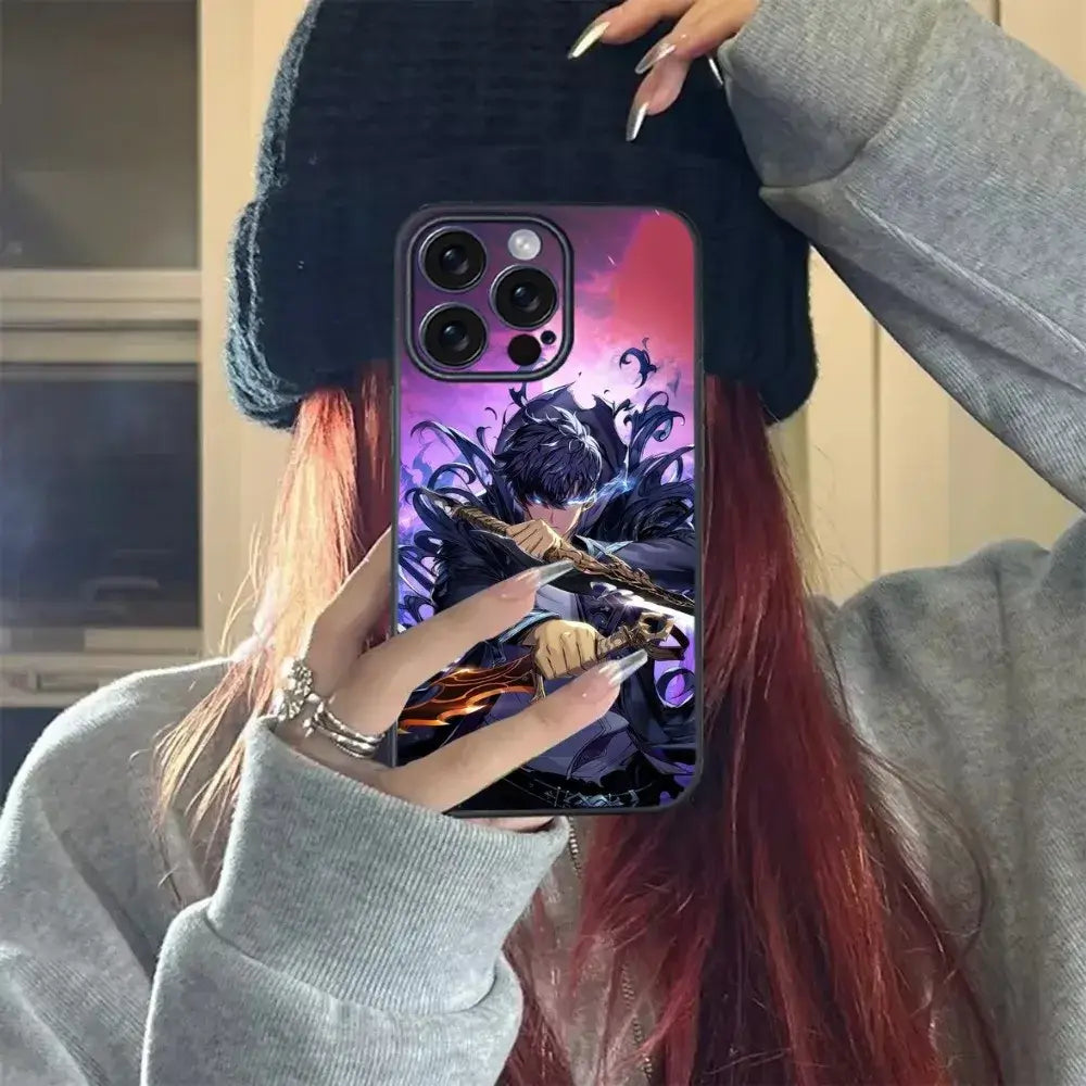 A soft TPU Solo Leveling Phone Case featuring Sung Jinwoo anime art, compatible with Apple iPhone 16, 15, and 14 Pro Max.