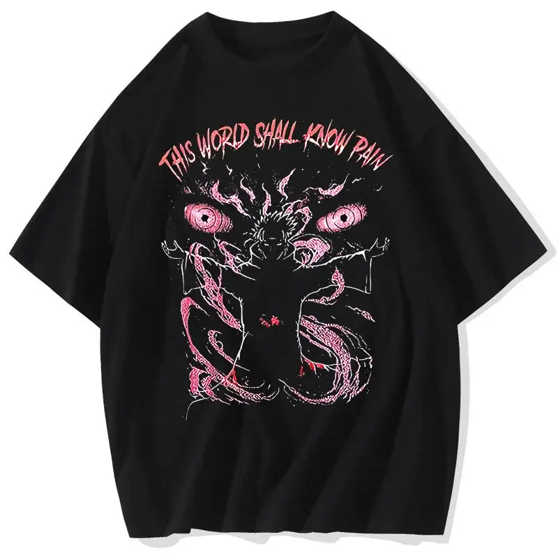 A men's retro washed 100% cotton Anime Pain Printed T Shirt in a Harajuku streetwear hip hop style.