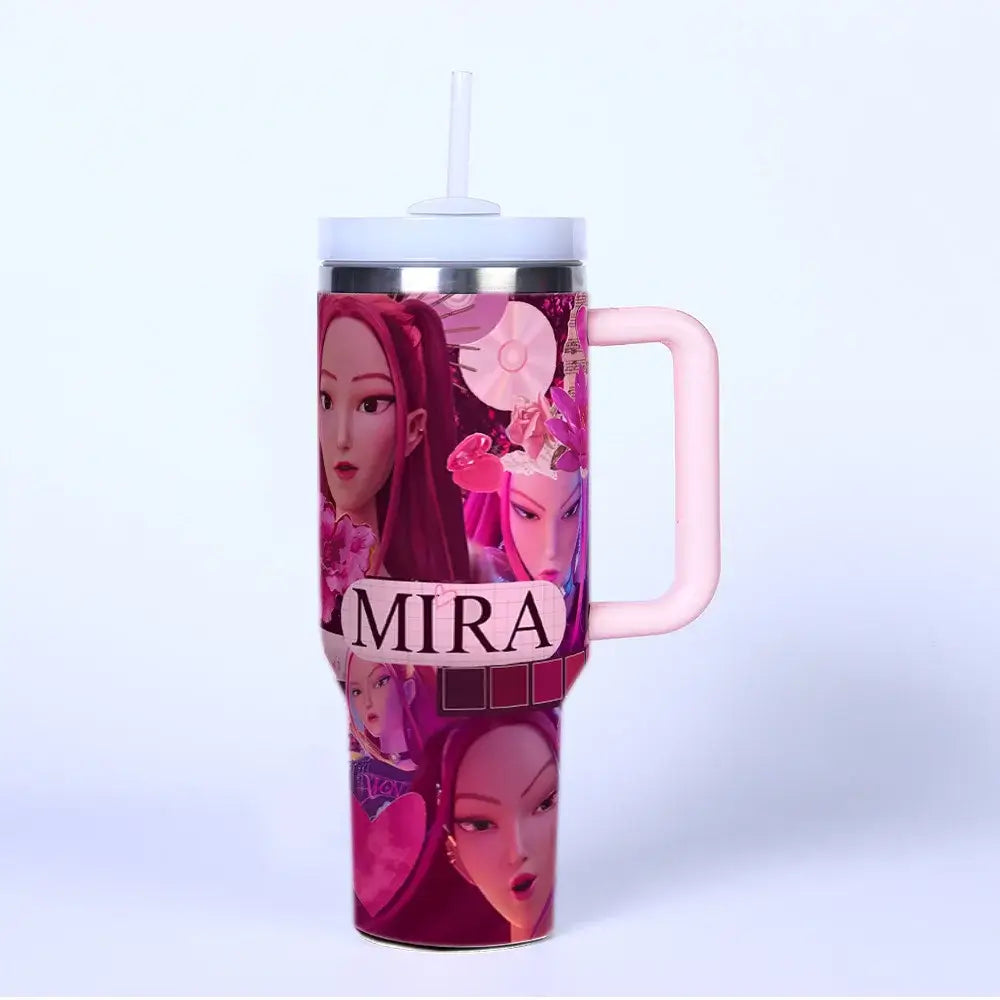 A 40oz stainless steel K-Pop Demon Hunters Cup featuring cartoon prints of anime girl group characters Rumi, Zoey, and Mira, designed for car travel.