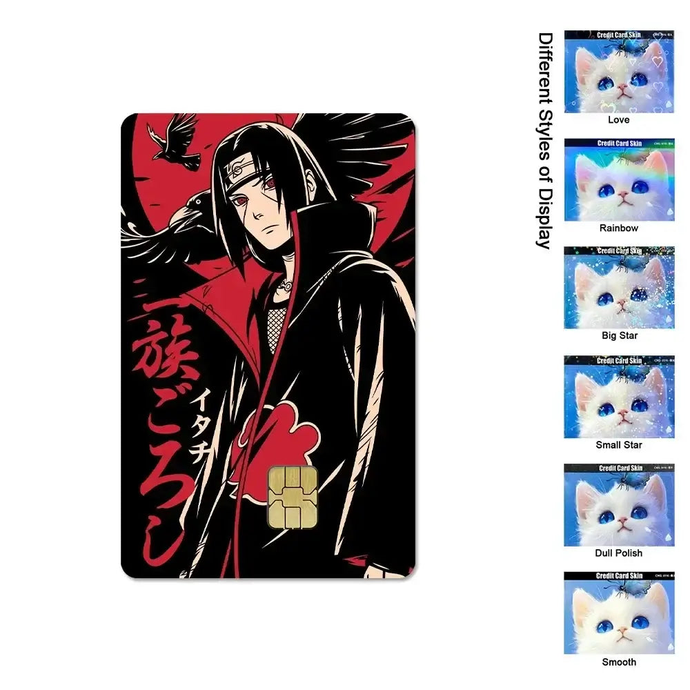 A waterproof Naruto Credit Card Skin PVC sticker featuring Uchiha Sasuke anime art applied to a standard debit bank card.